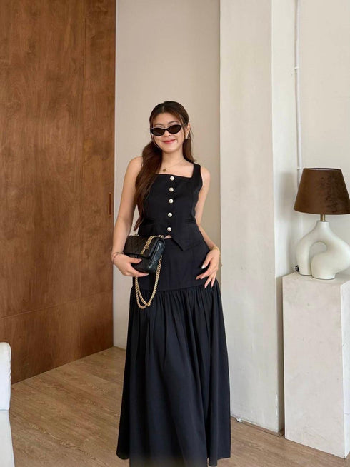 Square Neckline Button Down Sleeves Tops With Skirts Sets